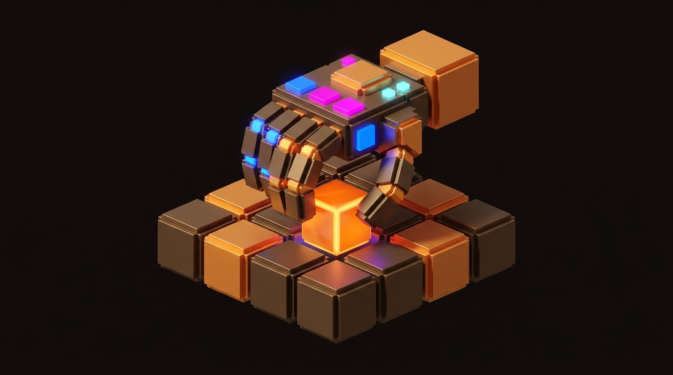 A robotic claw locks onto a cube platform, the structural grip that machine-readable design systems give to automation.