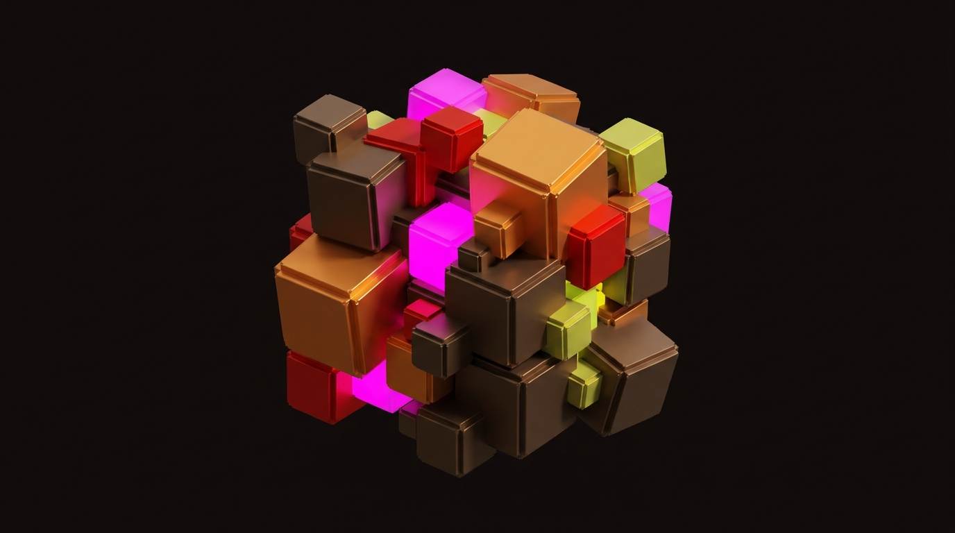 Amber, red, and neon-pink cubes locked together, each discrete block modeling the token structure a machine-readable design system depends on.