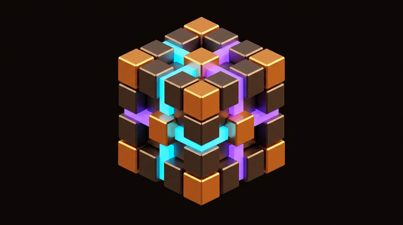 Glowing cyan seams run through a grid of bronze voxel cubes, the connective logic that machine-readable design systems add to raw tokens.