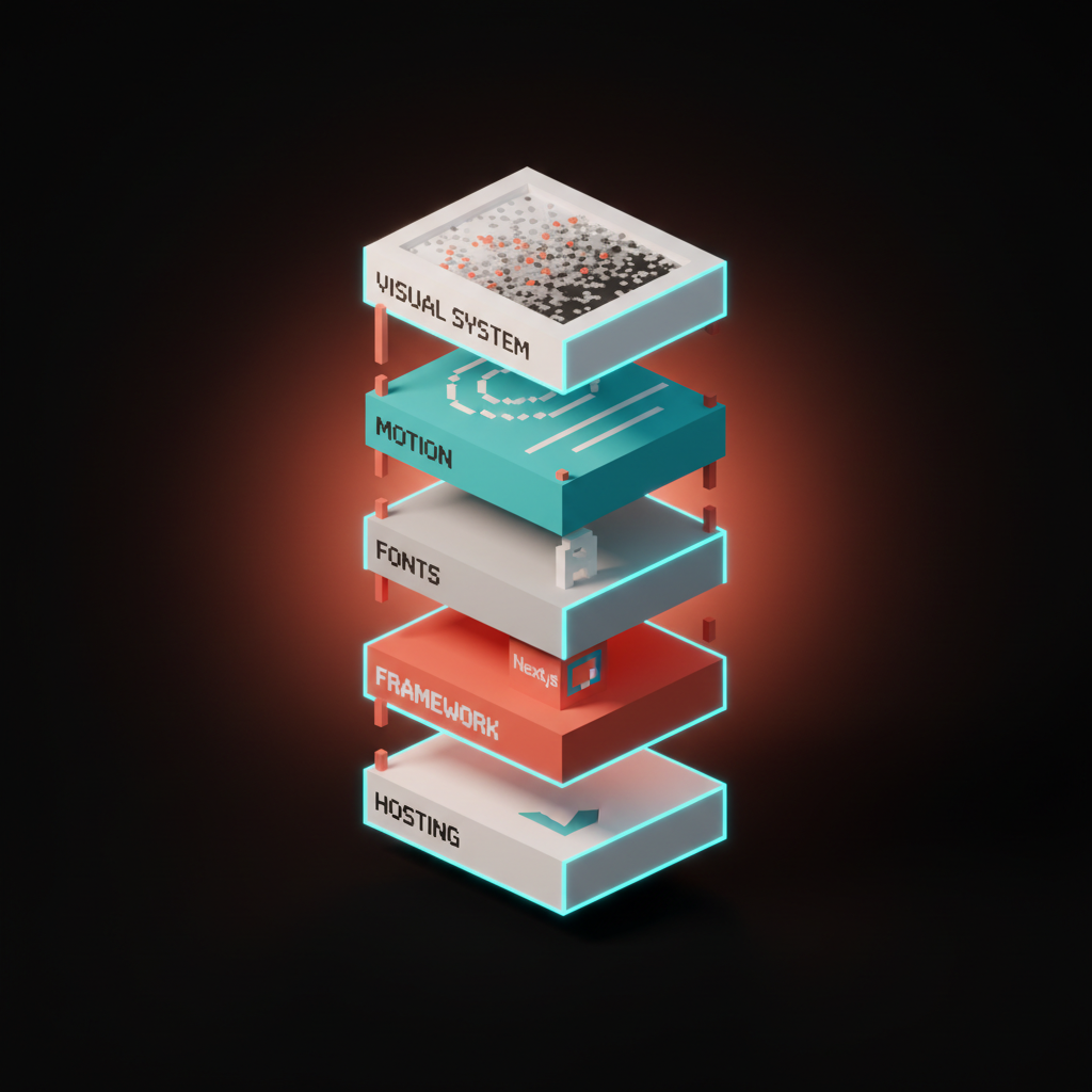 Voxel diagram of the five-layer marketing site stack with layers labeled hosting, framework, fonts, motion, and visual system