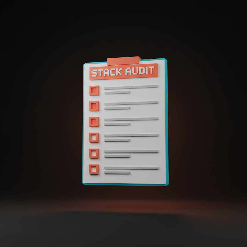 Voxel audit checklist clipboard with seven rows and coral checkboxes representing the 2026 stack audit