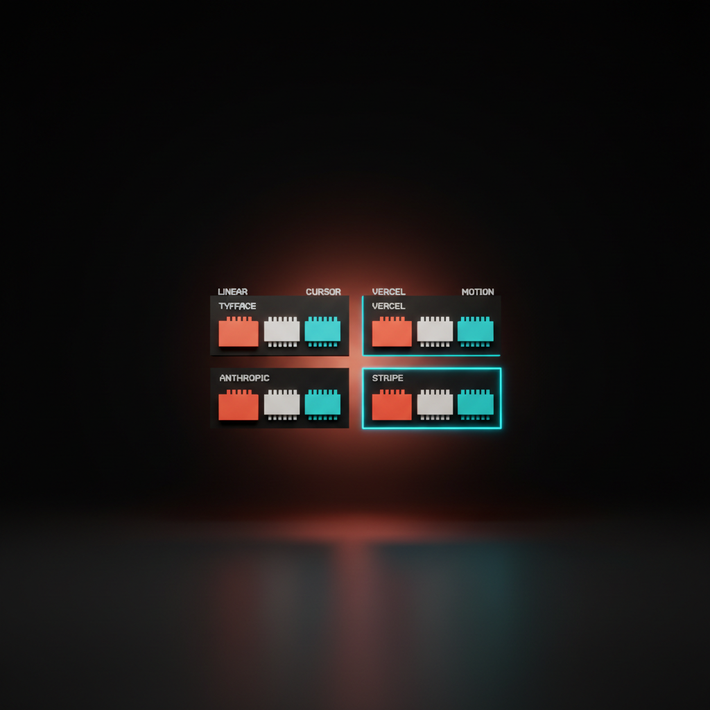 Voxel grid of brand teardown cards showing framework, font, and motion chips for Linear, Cursor, Vercel, Anthropic, Stripe, and Notion