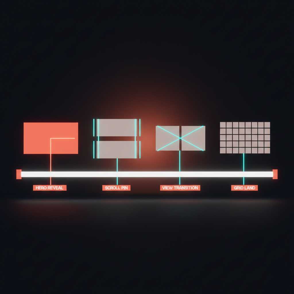 Voxel motion-pattern map showing four scroll patterns side by side with labels for hero reveal, scroll pin, view transition, and grid land