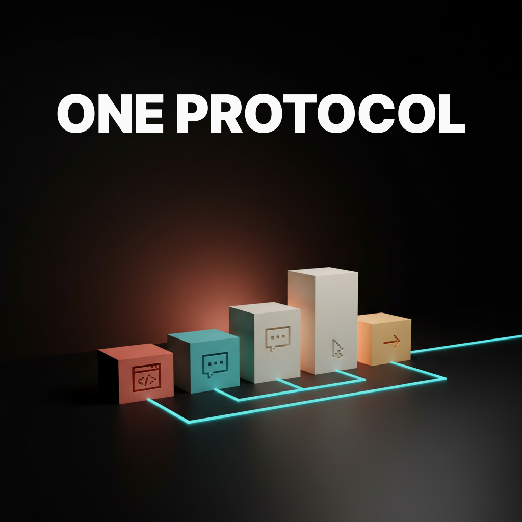 Voxel composition of four heavy slabs in a stepped row reading as MCP-first clients sharing one protocol, single-word labels CODE CHAT EDIT CONT etched on the slabs
