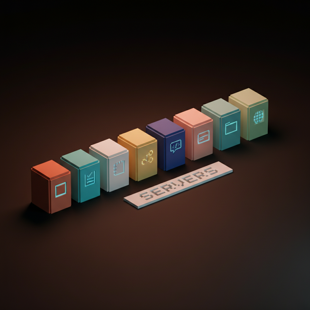 Voxel composition of nine small server pedestals in a row on the studio floor with single-word label SERVERS etched on the base plate, reading as the canonical MCP servers shipping in production