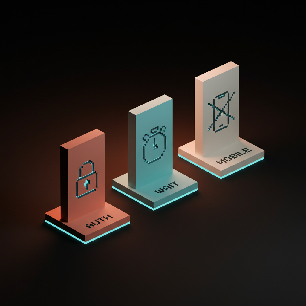 Voxel composition of three pedestals on the studio floor, single-word labels AUTH WAIT MOBILE etched on the pedestals reading as the three failure modes hyped MCP demos hide