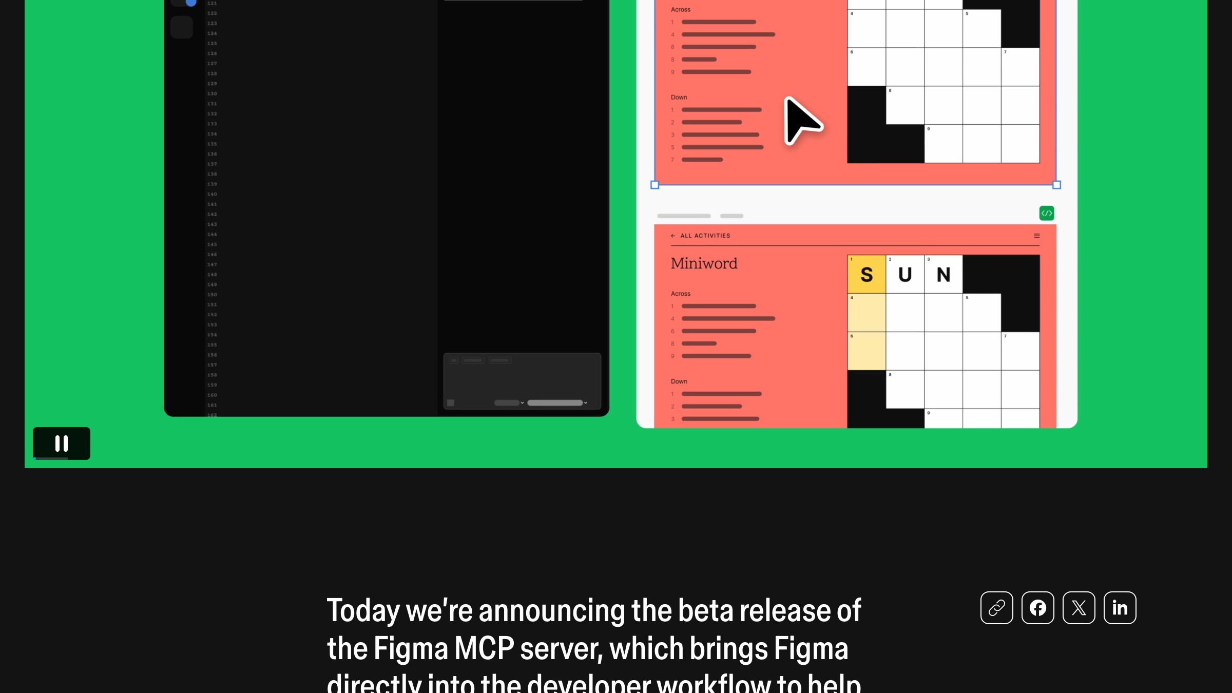 Figma Dev Mode MCP server announcement page showing AI-powered design handoff integration.