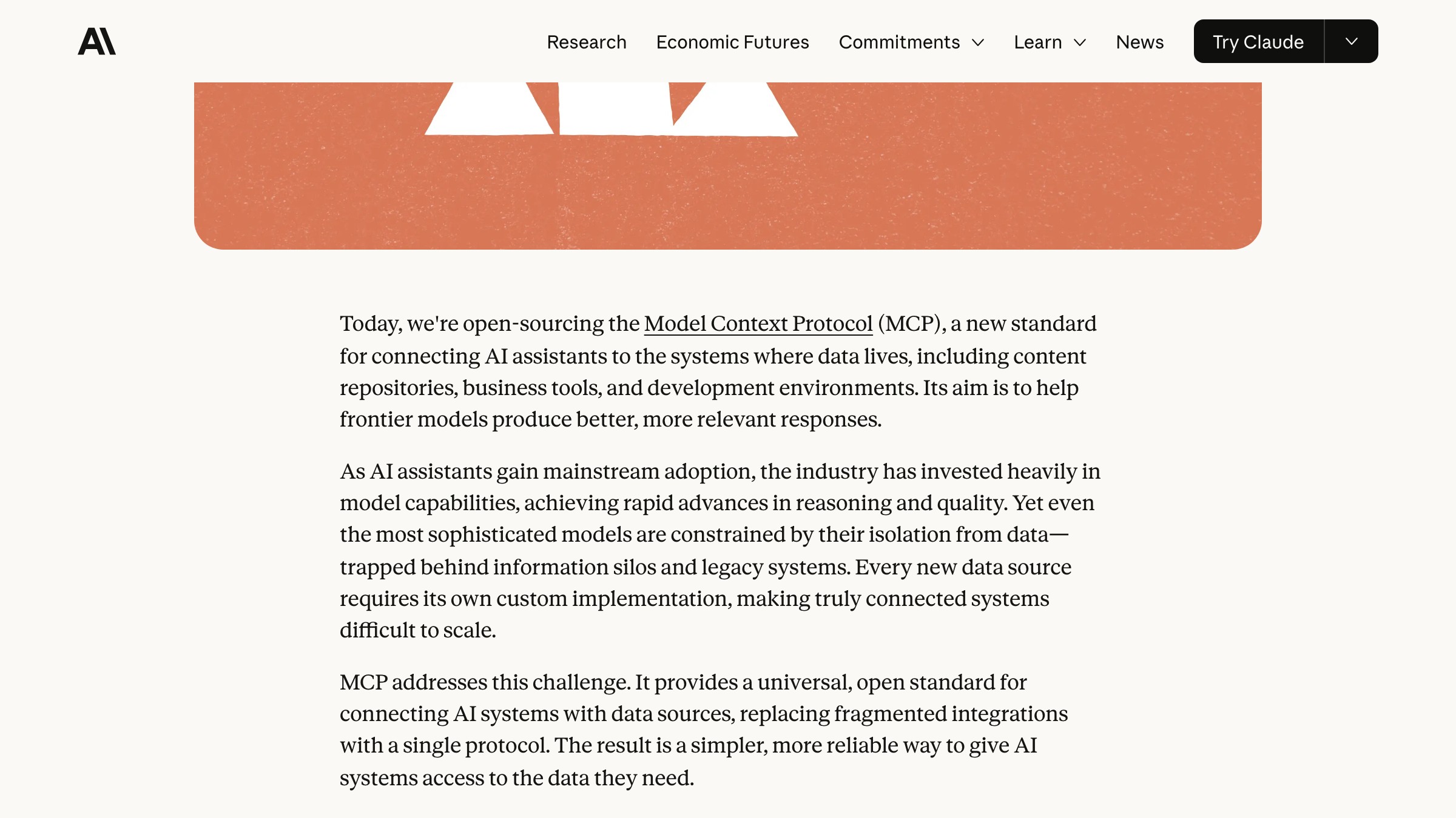 Anthropic news page announcing the Model Context Protocol open standard in 2024.