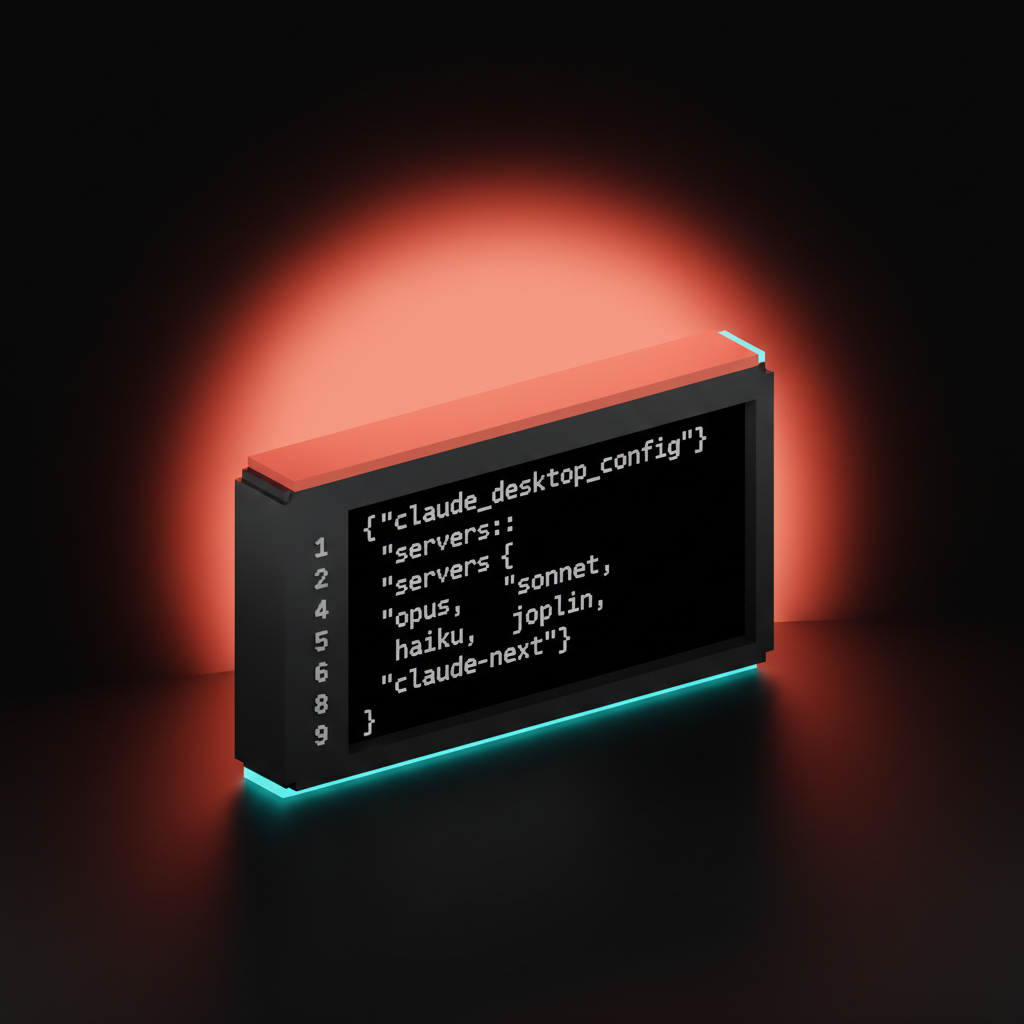 Voxel diagram of a JSON config file with branching server connections representing an MCP setup.
