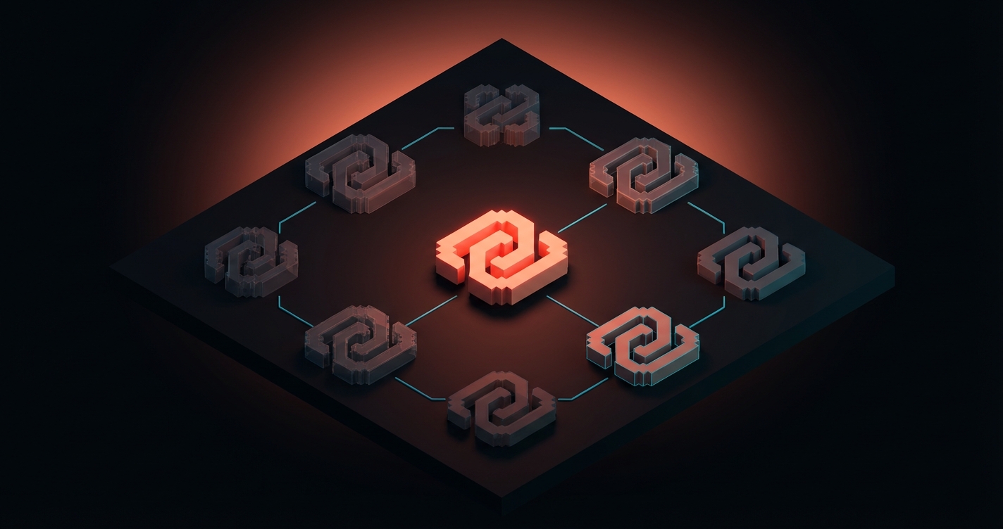 Overhead voxel scene showing a single clean geometric logo mark on a dark workspace