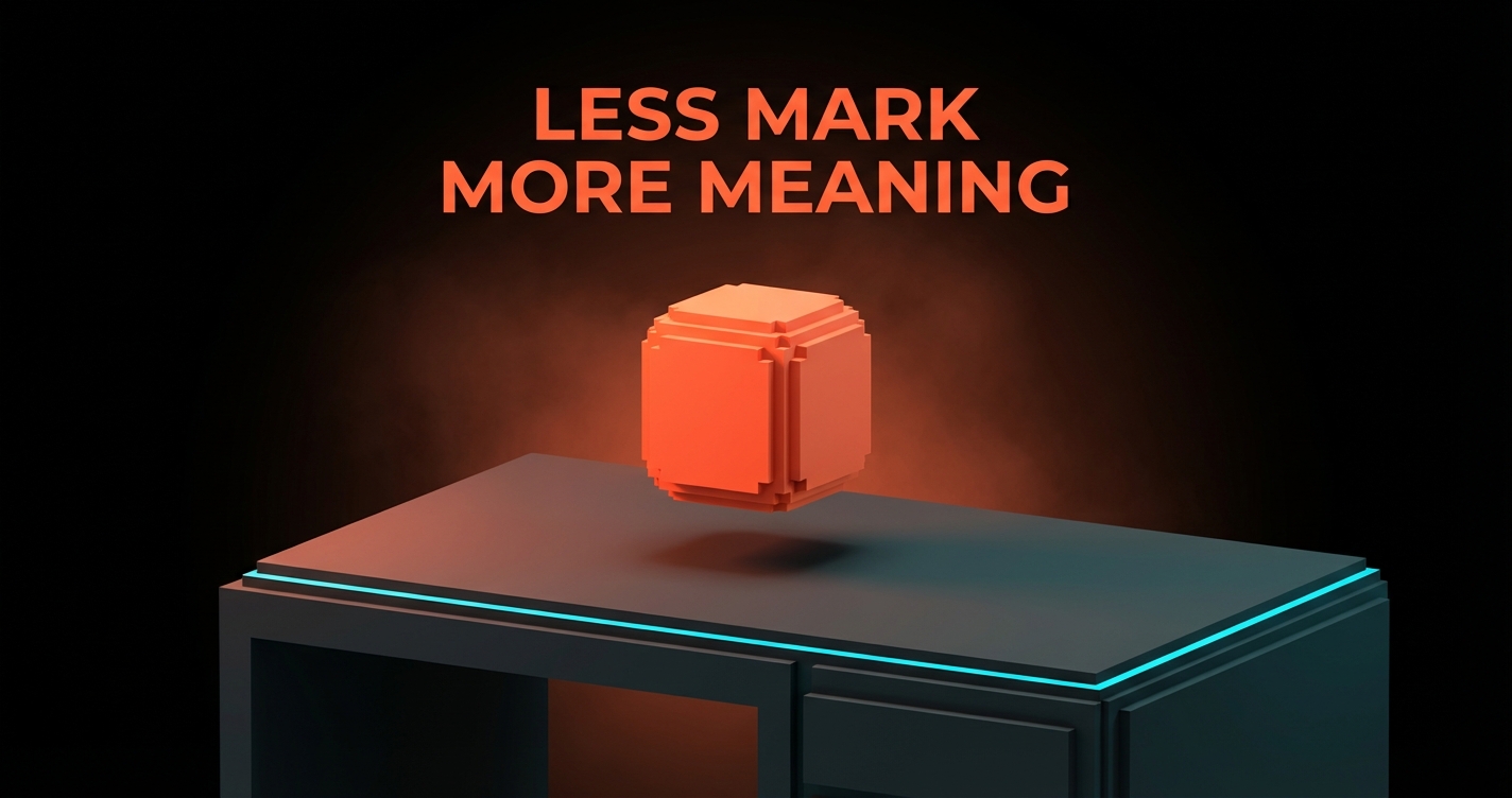 Single voxel mark floating above desk with text Less Mark More Meaning