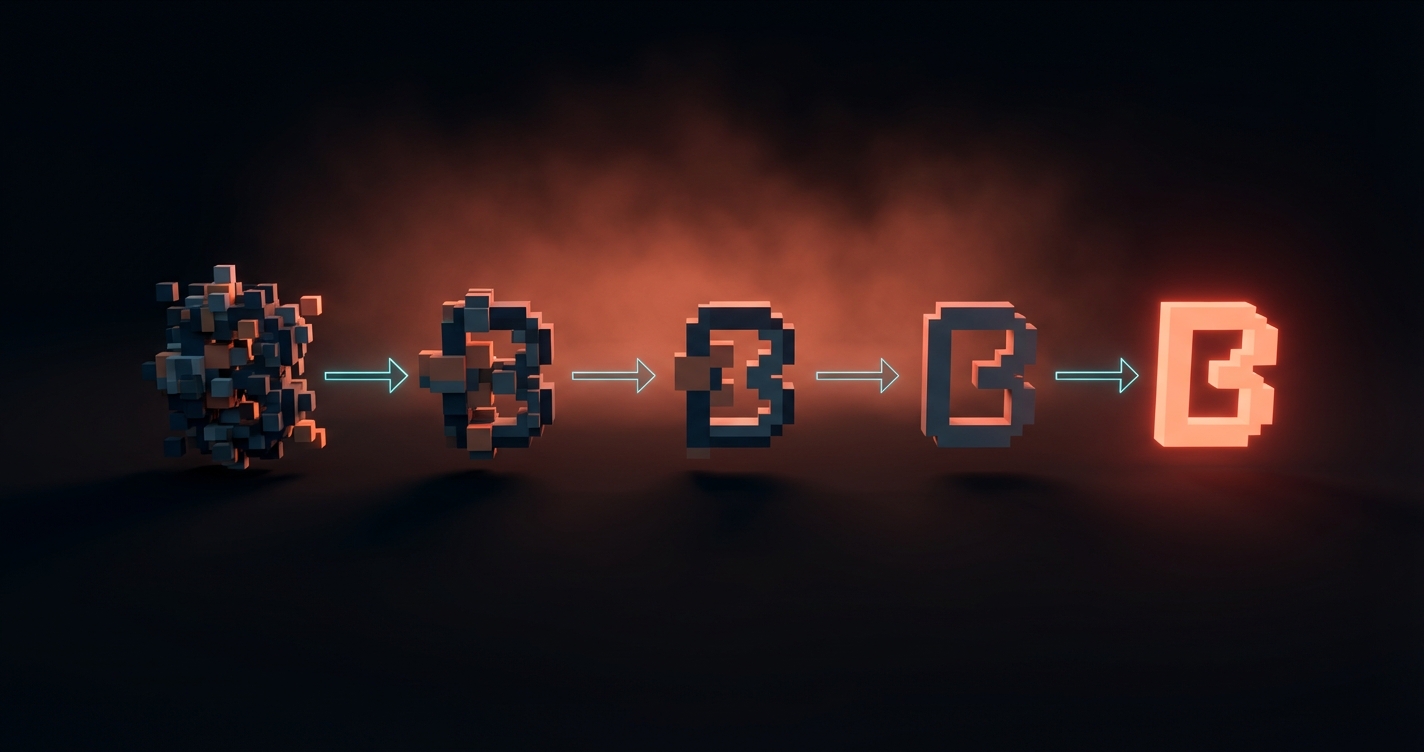 Voxel diagram showing the 5-step reduction process: wide sketches narrowing down to one refined geometric mark