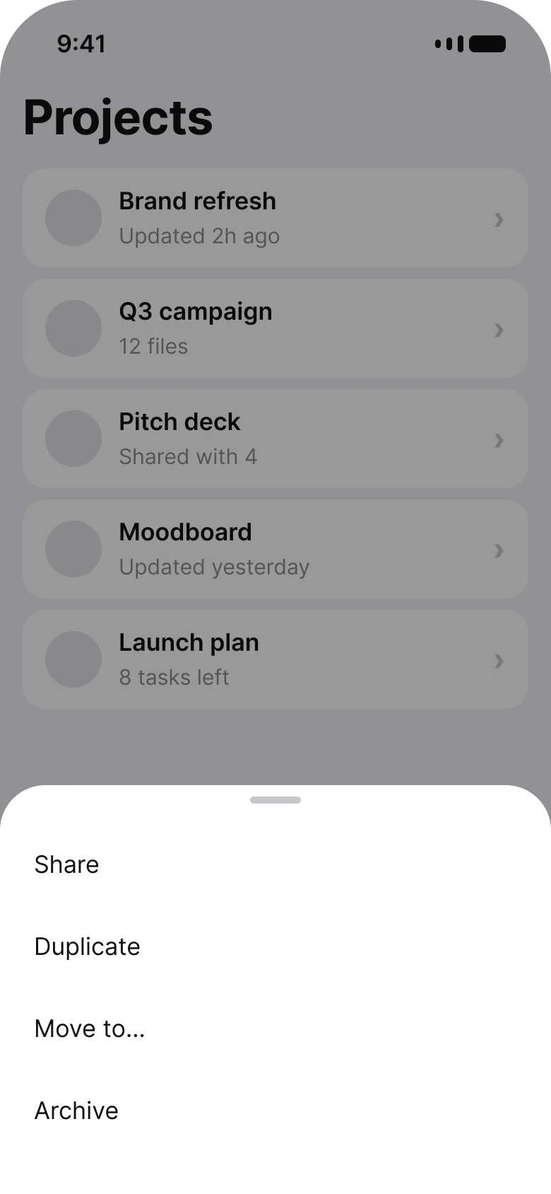 The same Projects list with a bottom sheet: a grab handle, then Share, Duplicate, Move to and Archive