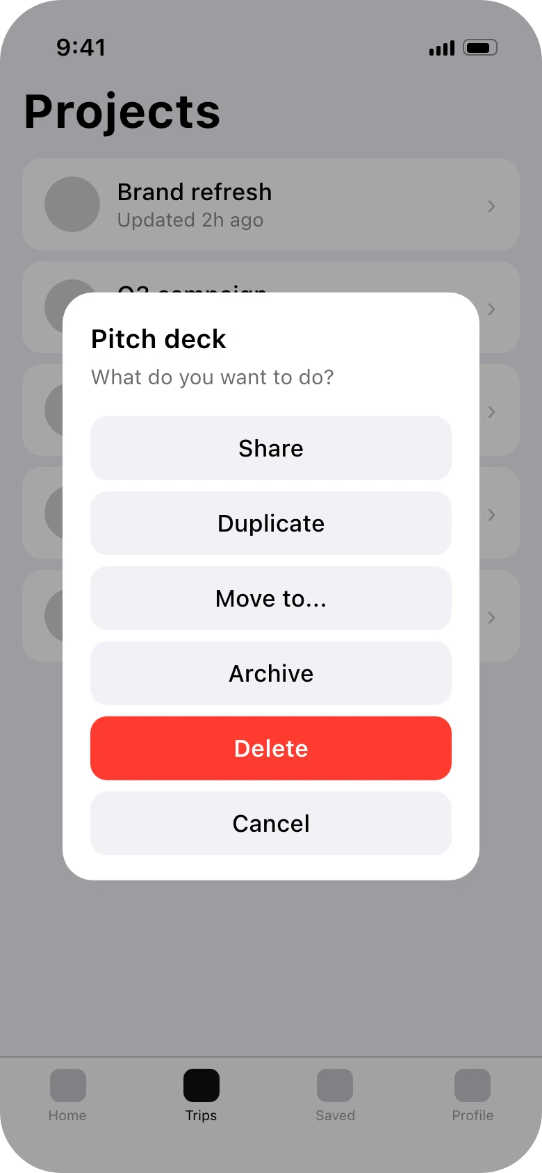 A centered dialog titled Pitch deck with six stacked buttons: Share, Duplicate, Move to, Archive, a red Delete and Cancel