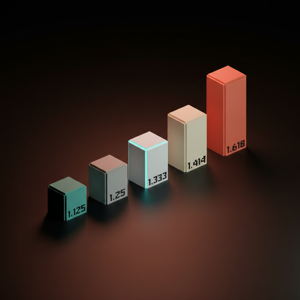Diagramme voxel de cinq petits monolithes disposés horizontalement, dont la hauteur augmente de gauche à droite, avec des rapports de 1,125, 1,25, 1,333, 1,414 et 1,618 gravés sur leurs bases.