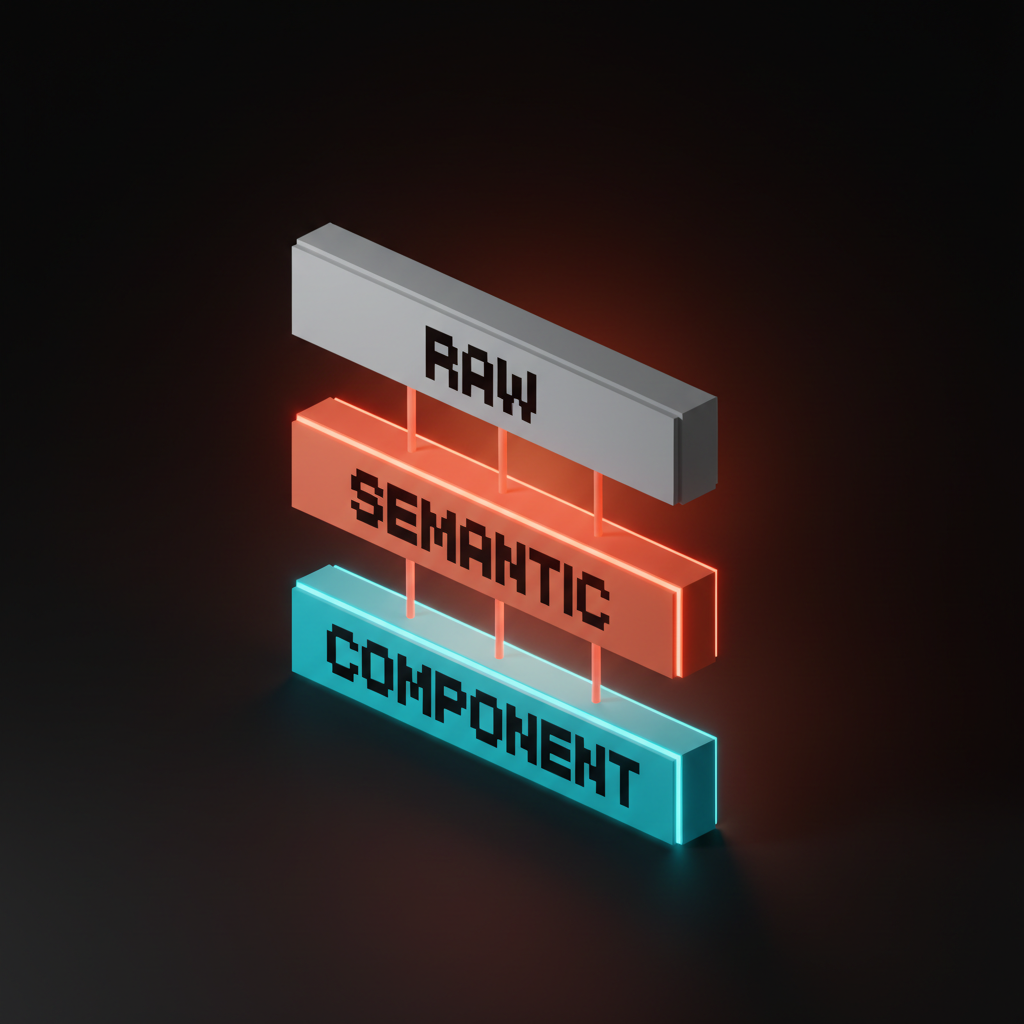Schéma voxel de trois couches horizontales empilées, nommées RAW, SEMANTIC et COMPONENT, reliées verticalement par de fines lignes de corail.