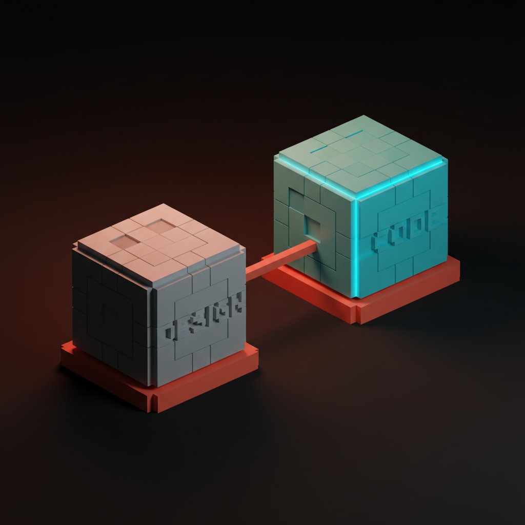 Composition voxel de deux cubes massifs côte à côte, reliés par une fine ligne de corail lumineuse. Le cube de gauche porte l'inscription DESIGN et celui de droite, CODE.