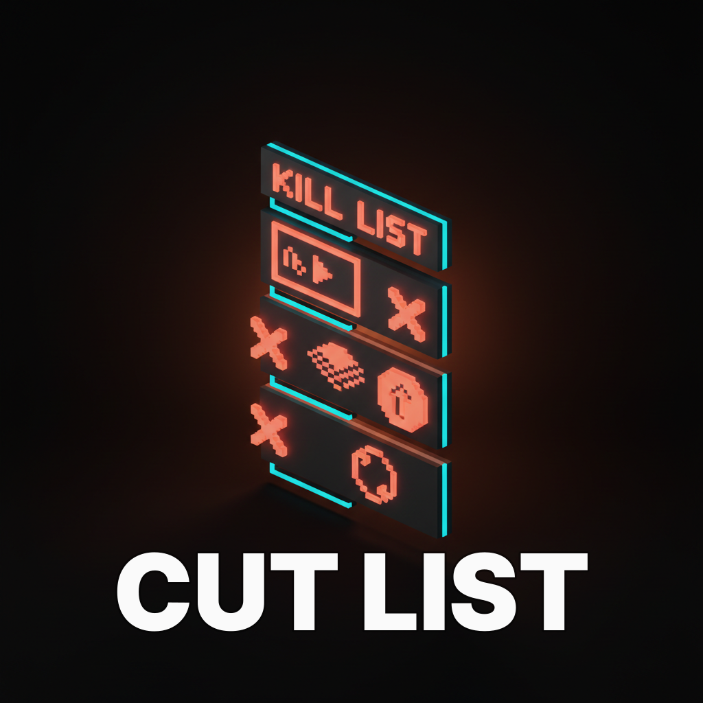 Voxel diagram labeled cut list: an autoplay hero video with a red x, a parallax scroll with a red x, a bouncing button with a red x, and a looping background with a red x
