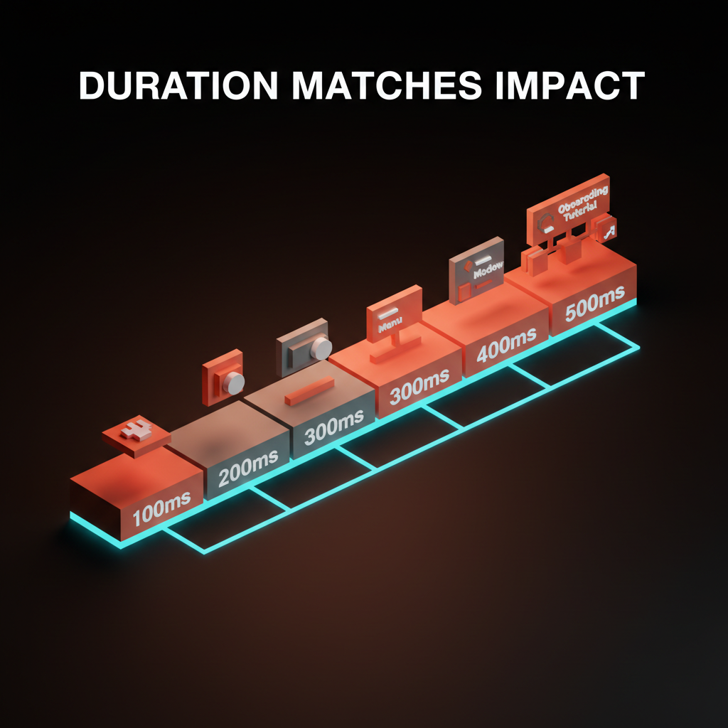 Voxel ruler laid horizontally, segmented into five colored blocks labeled 100ms, 200ms, 300ms, 400ms, 500ms, each with a tiny UI widget hinting at the event above it