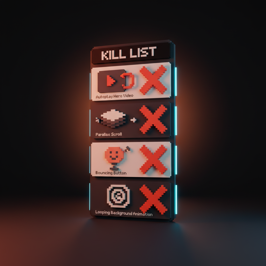Voxel diagram labeled cut list: an autoplay hero video with a red x, a parallax scroll with a red x, a bouncing button with a red x, and a looping background with a red x