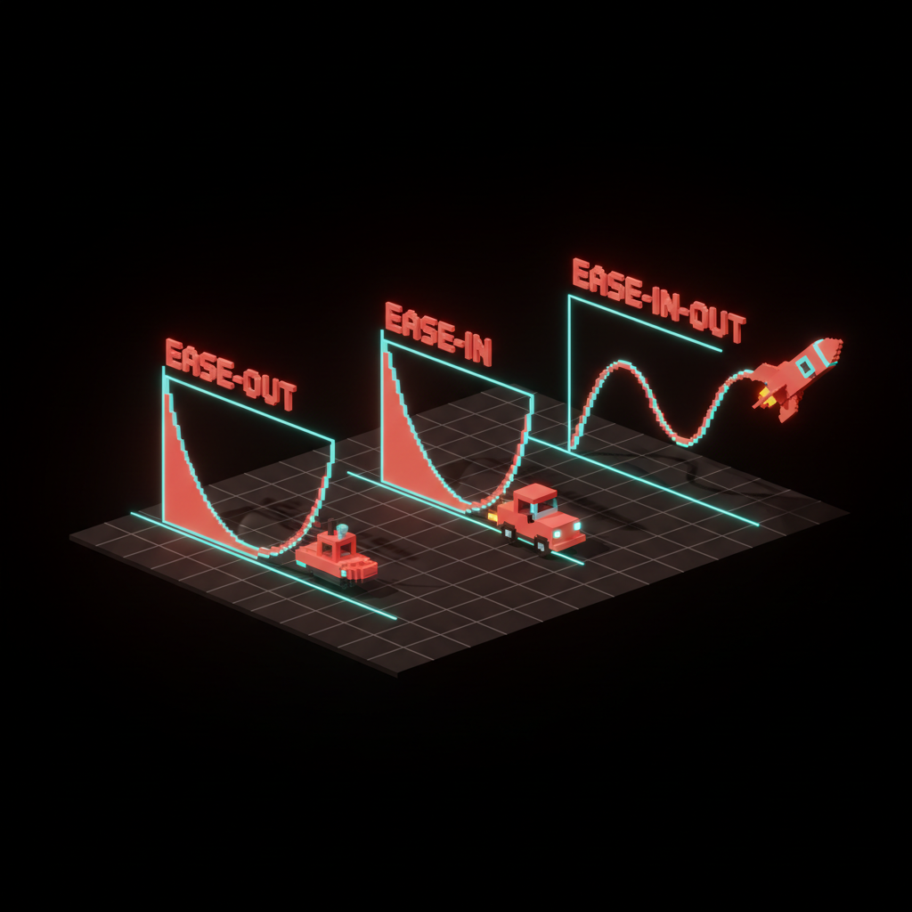 Voxel plots of three easing curves side-by-side on a dark grid, labeled ease-out, ease-in, and ease-in-out, each with a small voxel object riding along it