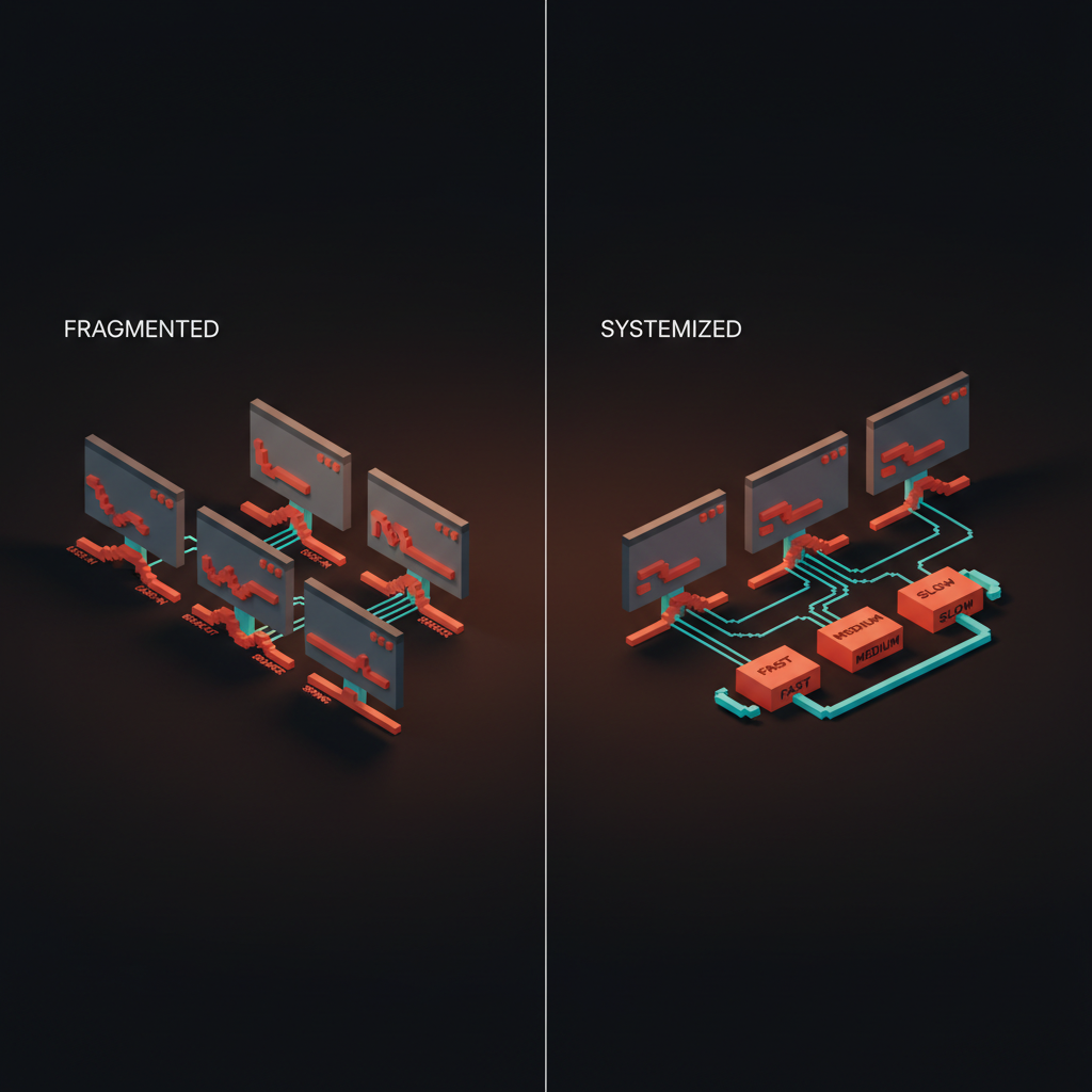 Voxel comparison. Left labeled fragmented: five screens each with different easing curves and durations. Right labeled systemized: five screens pulling from three shared motion tokens