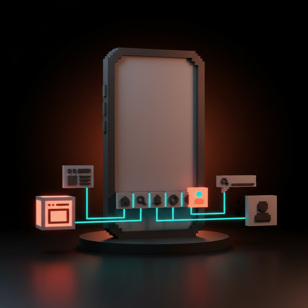 A voxel concept of a mobile bottom tab bar, a phone on a dark studio plinth with a five-icon bar anchored in the thumb zone and the active tab lit.