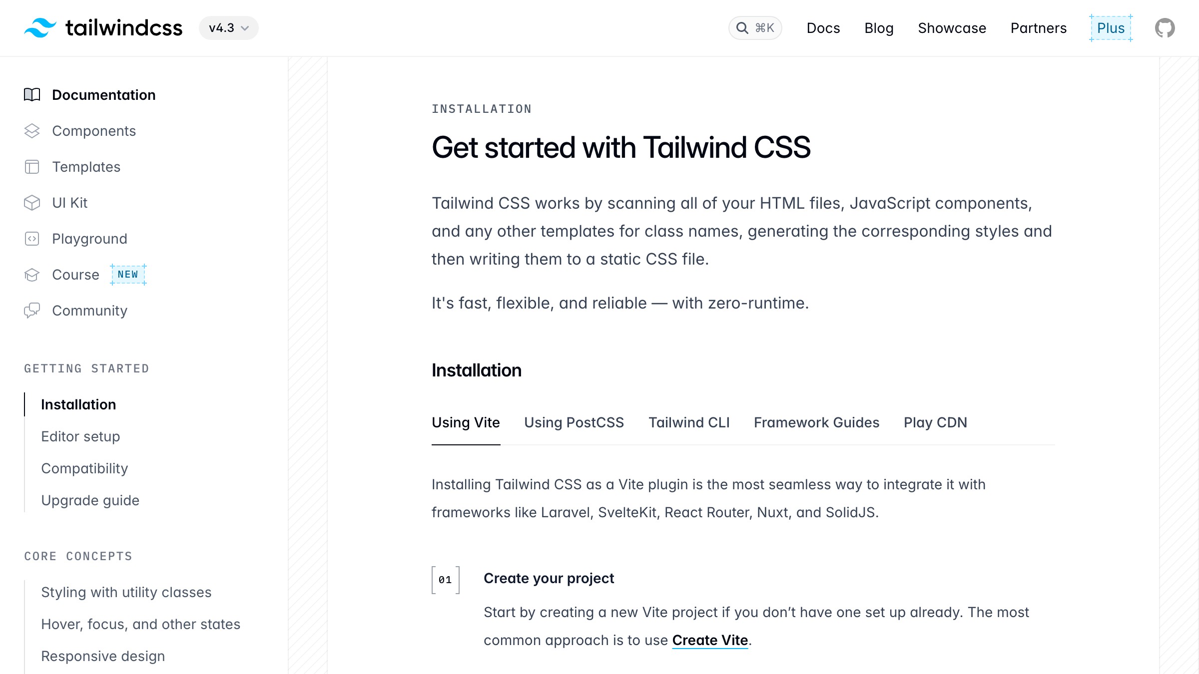 The Tailwind CSS documentation site with a persistent left sidebar listing every section, grouped and scrollable, beside the page content.