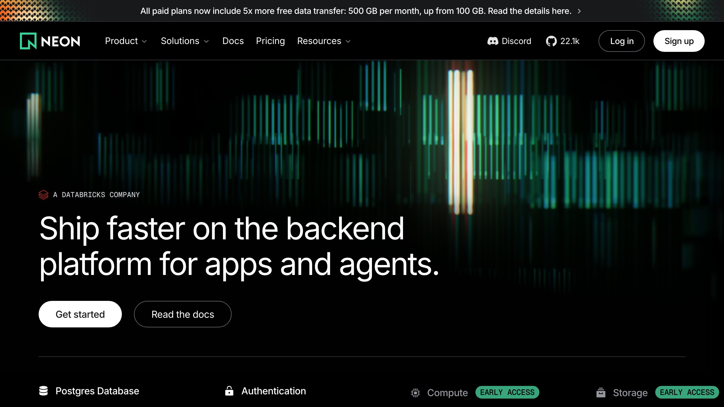 Neon's homepage header showing a clean horizontal top navigation bar with the wordmark on the left, primary links centered, and sign-in plus a call-to-action button on the right.