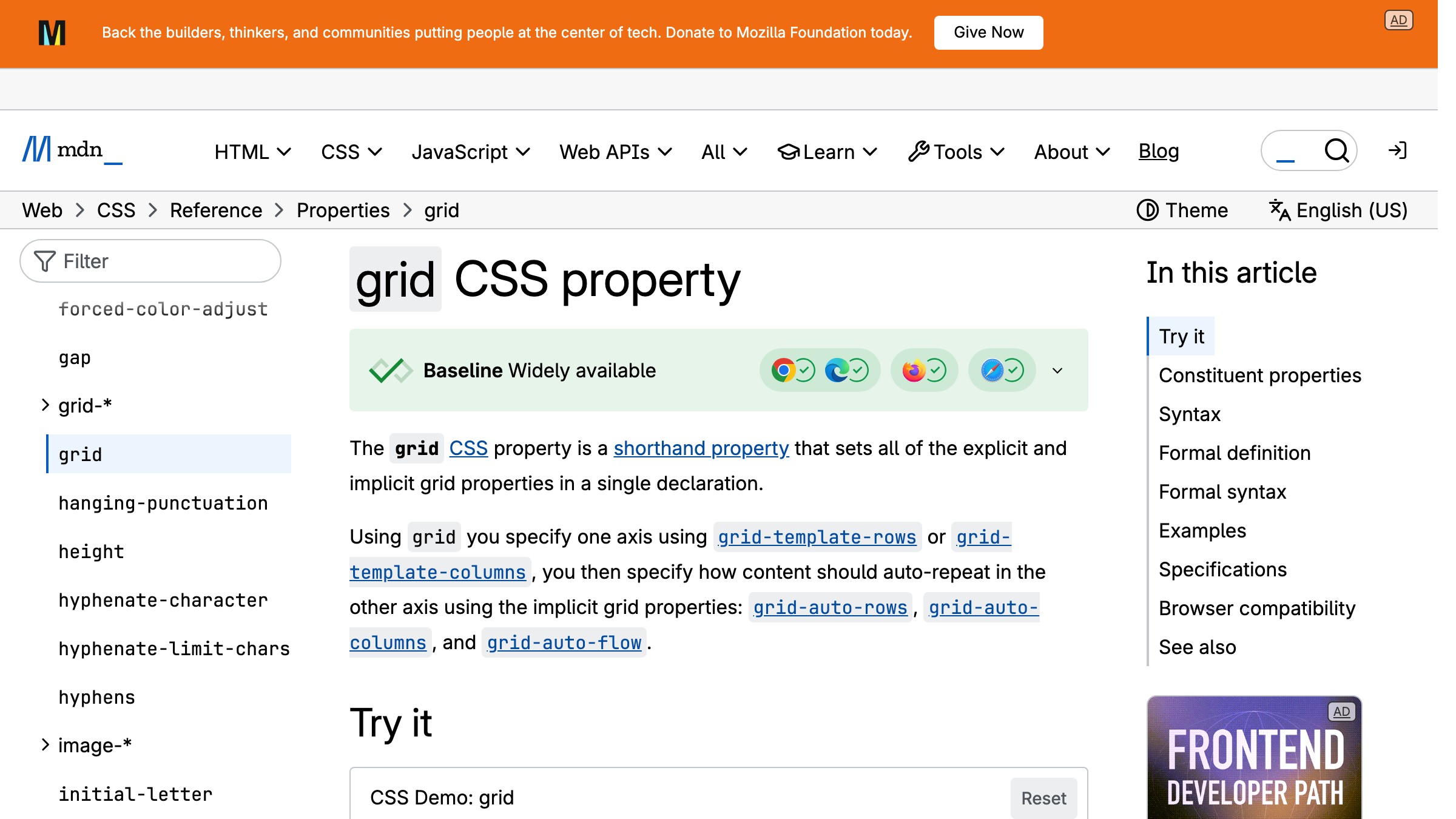 MDN's CSS grid reference page showing a breadcrumb trail from Web to CSS to Reference to Properties to grid above the article title.