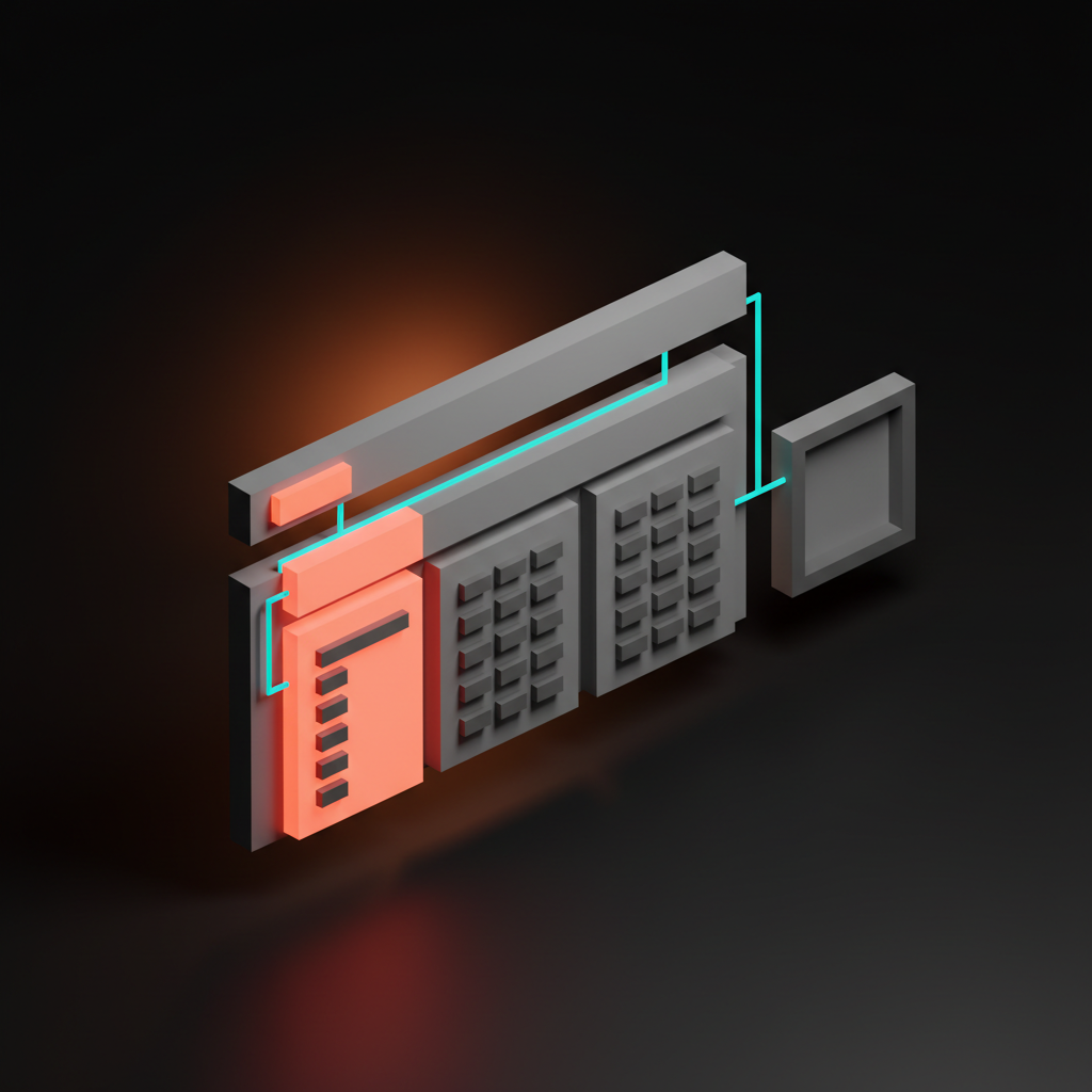 A voxel concept of a mega menu, one top navigation item expanded into a wide multi-column panel of grouped links with a preview tile.