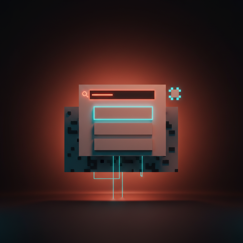 A voxel concept of a command palette, a centered floating search overlay above a dimmed app with a query line and a short list of ranked actions.
