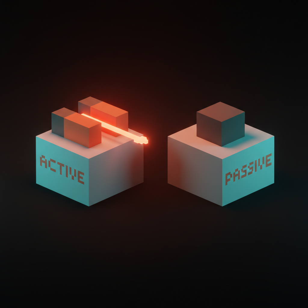Voxel framework comparing active negative space, with a thin coral arrow pointing into a deliberate gap between two blocks, and passive negative space, with soft margin around a single block