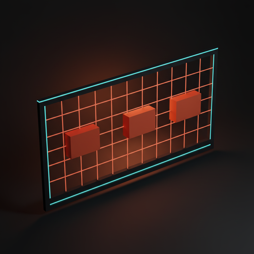 Voxel layout schematic showing a 12-column grid with three small content blocks and massive gutter space dominating the frame, the negative gutters as the structural element