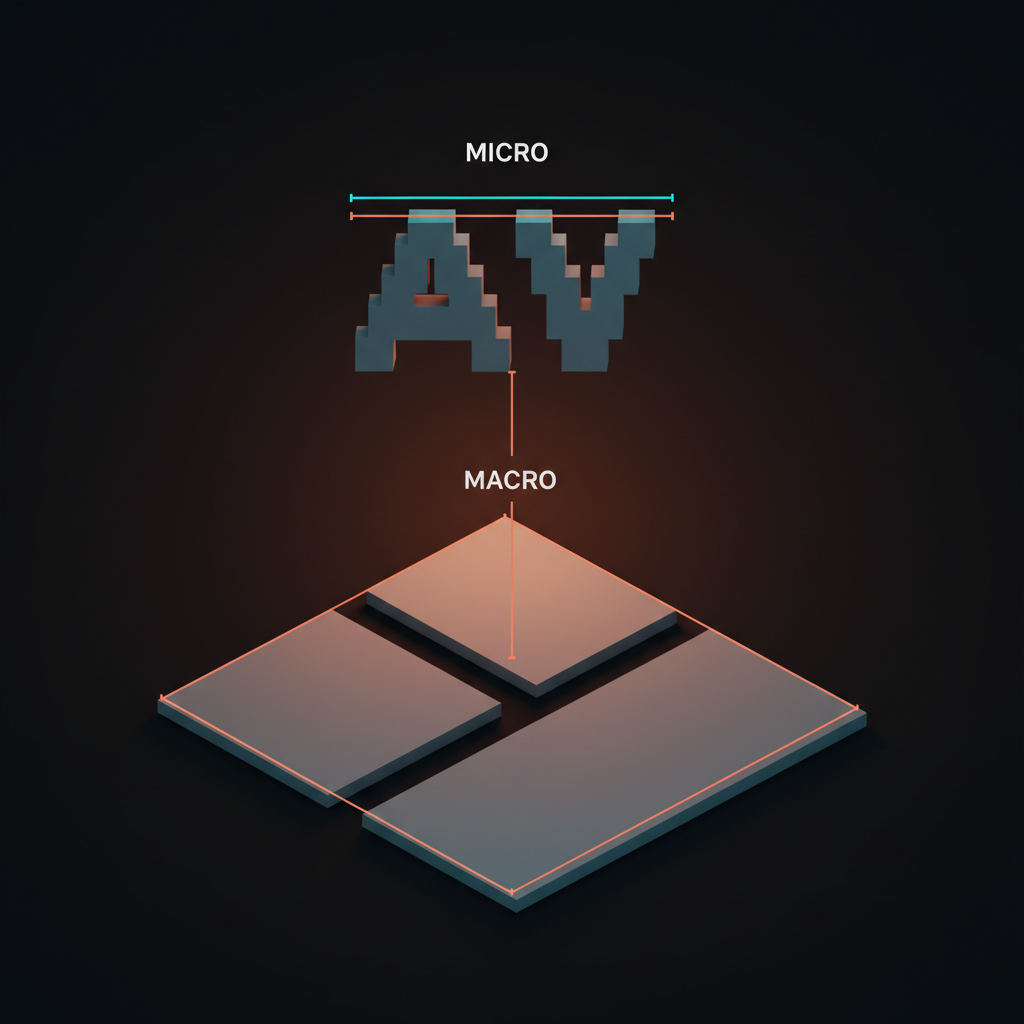 Voxel framework split horizontally showing micro whitespace at letter level on top and macro whitespace at page level on bottom