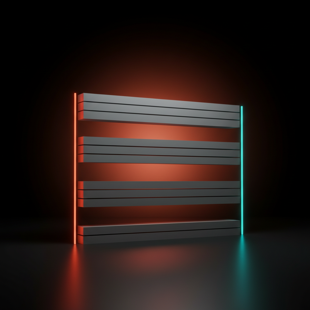 Voxel close-up of a stacked voxel text block with deliberately exaggerated leading between lines and generous voxel margins, coral and cyan measurement lines indicating the space