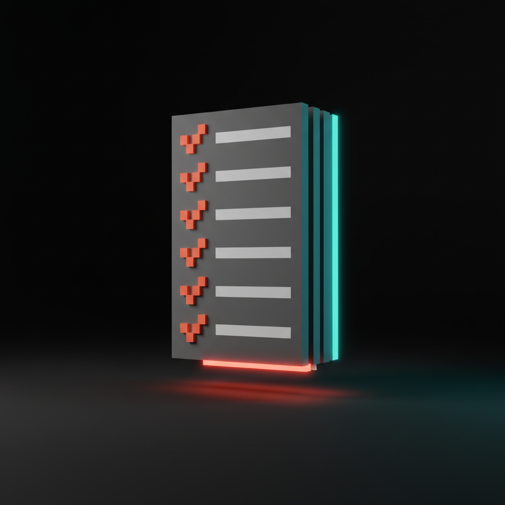 Voxel rendering of a tilted vertical checklist card stack with eight rows, coral check boxes on the left and short white text bars on the right, generous negative space around the entire stack