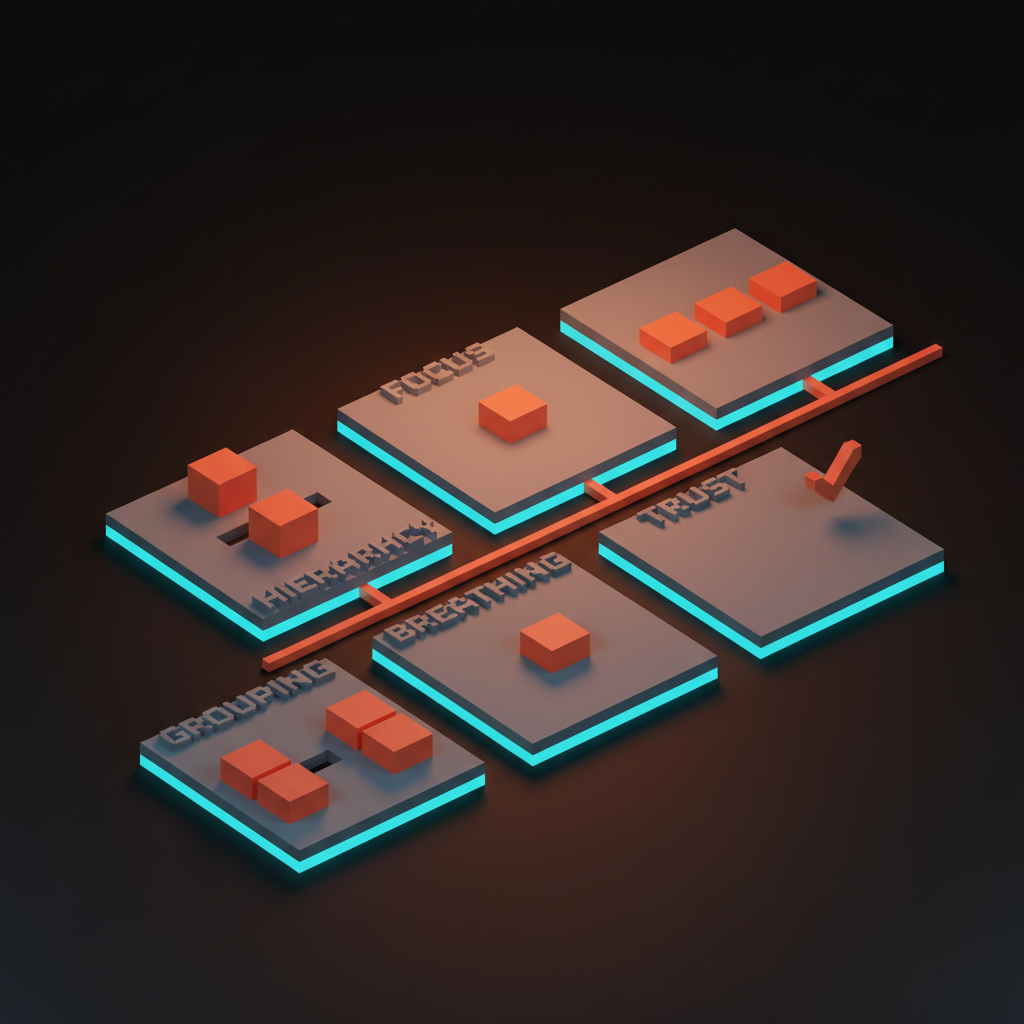 Voxel framework of six labeled cards in a 3 by 2 grid: HIERARCHY, FOCUS, RHYTHM, GROUPING, BREATHING, TRUST, each card holding a small voxel illustration of the concept