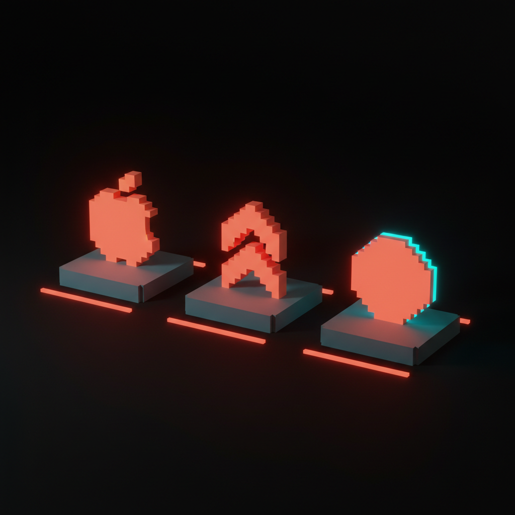 Voxel rendering of three abstract logo monoliths on individual pedestals, each surrounded by deliberate generous voxel margin showing the safe zone, a brand book spec composition