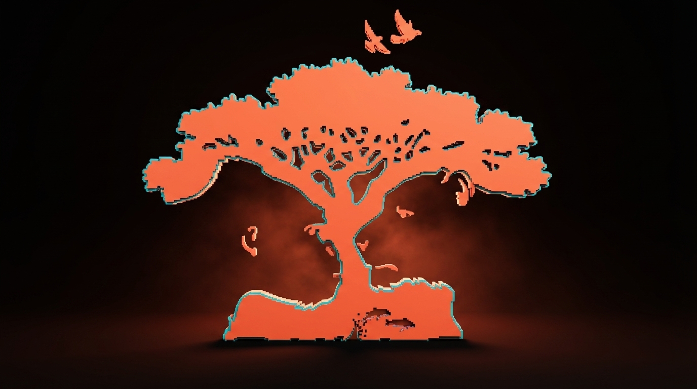 Voxel tree with a coral gorilla and a coral fish formed from the negative space in the trunk