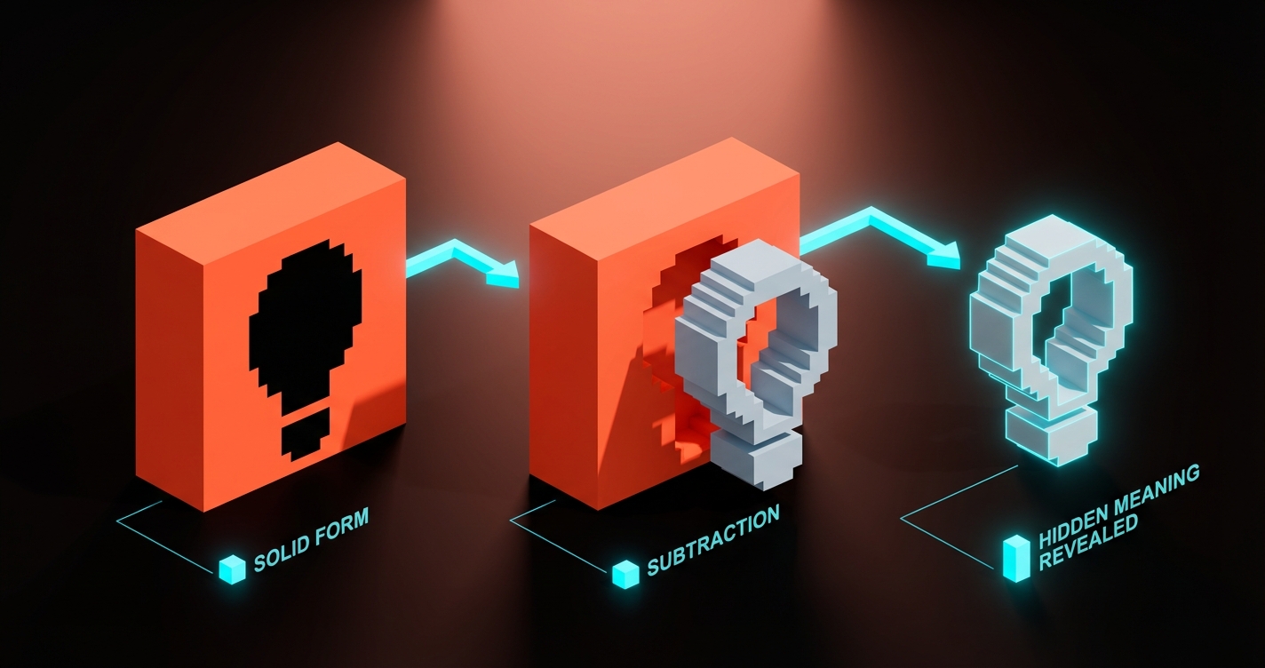 Three stages of negative space logo creation: solid form, subtraction, and the revealed hidden meaning