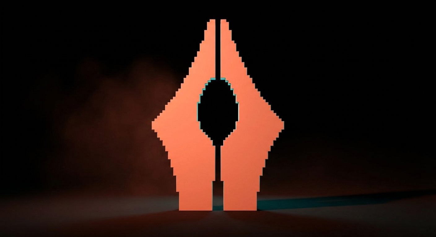 Voxel fountain pen nib fused with a fork, tines below and nib above, the negative space slit reading as both