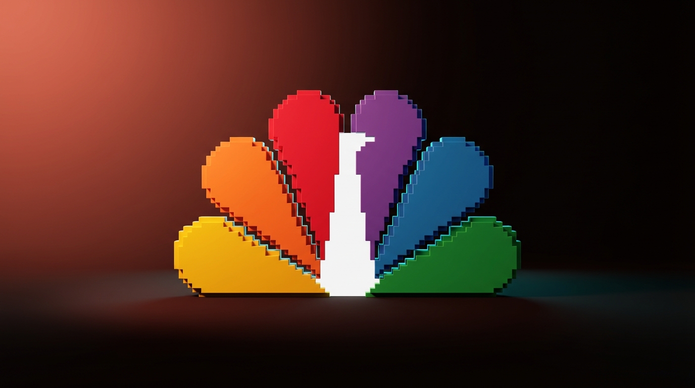 Voxel NBC peacock with colored feathers fanning outward, white negative space at center forming the bird's body