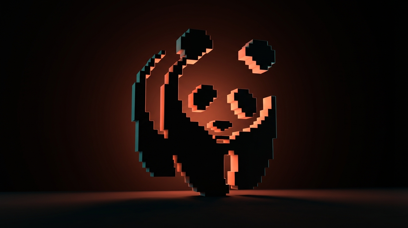 Voxel WWF panda built from minimal black blocks, with the dark background defining the body through Gestalt closure