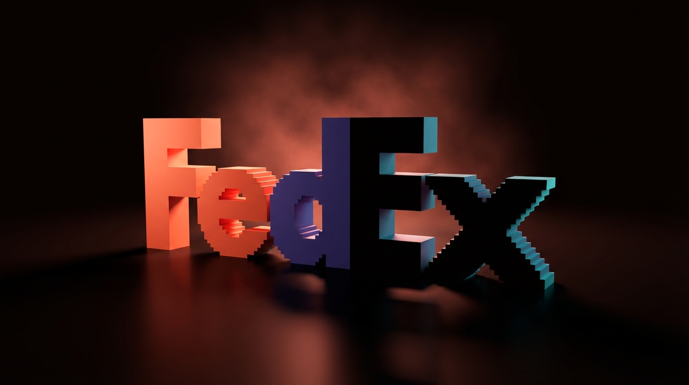 Voxel FedEx wordmark with the hidden forward-pointing arrow visible in the negative space between E and x