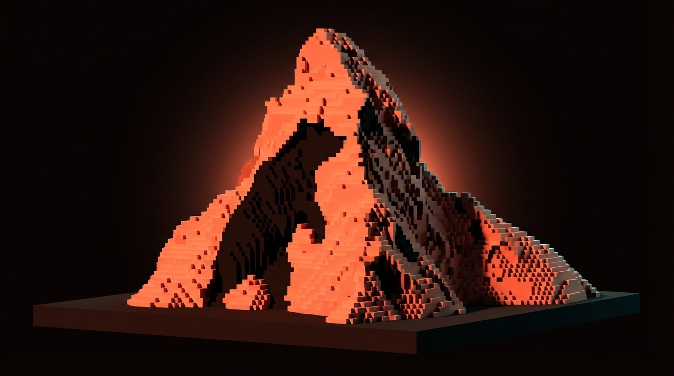 Voxel Matterhorn peak with a bear silhouette carved into the negative space of the mountain face