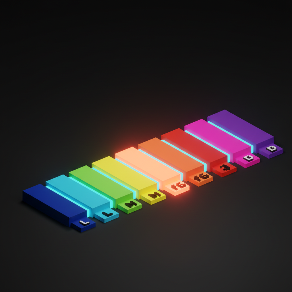 Voxel concept of an 11-step color ramp with uniform perceived lightness across stops, illustrating how OKLCH keeps visual weight consistent from 50 to 950