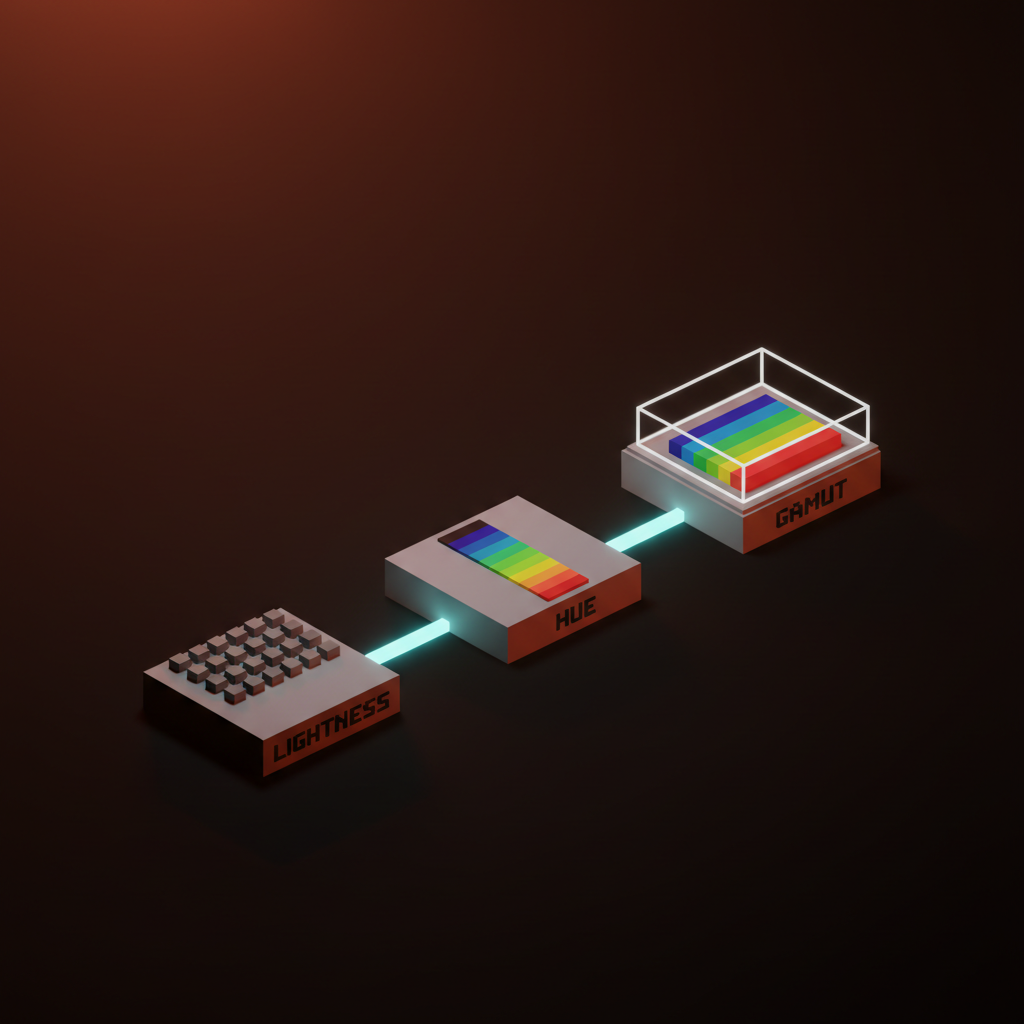 Voxel concept showing three stacked blocks representing the three structural wins OKLCH delivers over hex and HSL: perceptual lightness, sane hue interpolation, and wide-gamut reach