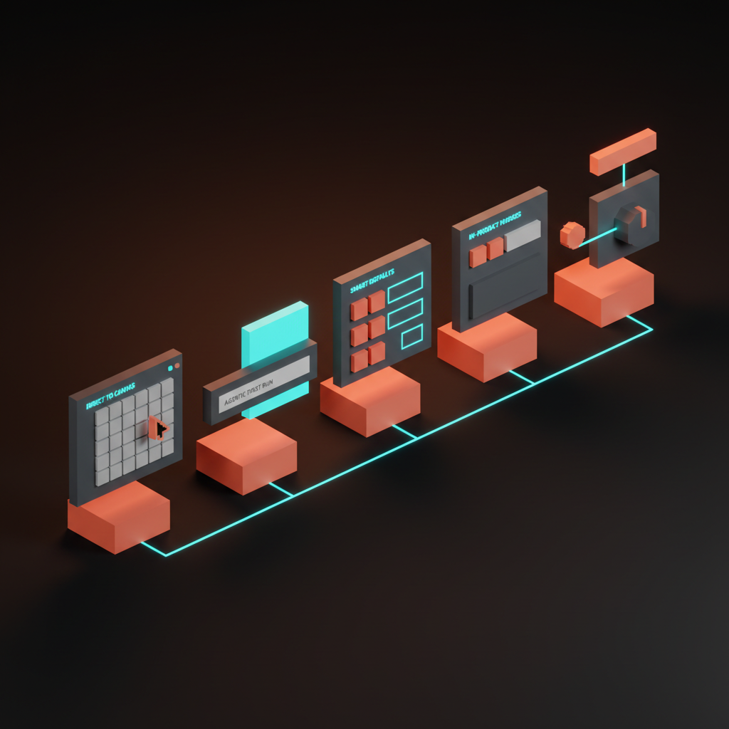Voxel framework map of five labeled tiles in a row, each representing a no-onboarding pattern: direct to canvas, agentic first run, smart defaults, in-product nudges, and just-in-time