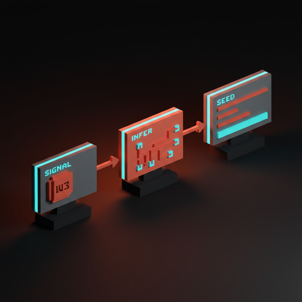 Voxel diagram of a smart-defaults flow with three cards labeled SIGNAL, INFER, and SEED, connected by thin coral arrows